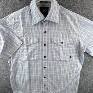 Victorinox Short Sleeve Plaid Blue Yellow Button Up Shirt Men Medium Cotton